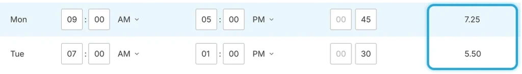 Total calculated daily hours for time card calculator