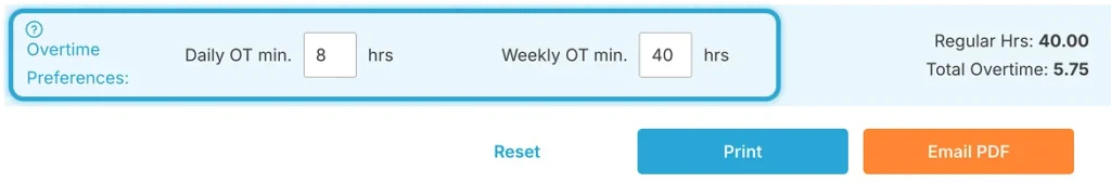 Overtime threshold inputs for time card calculator