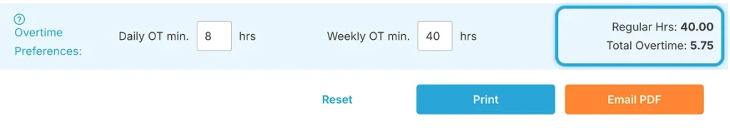 Total calculated hours for time card calculator