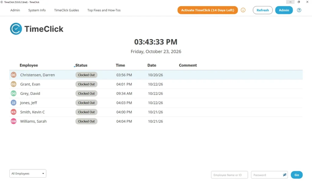 TimeClick 25 main screen with the employee list, the Employee Name or ID and Password fields, and the Refresh and Admin buttons