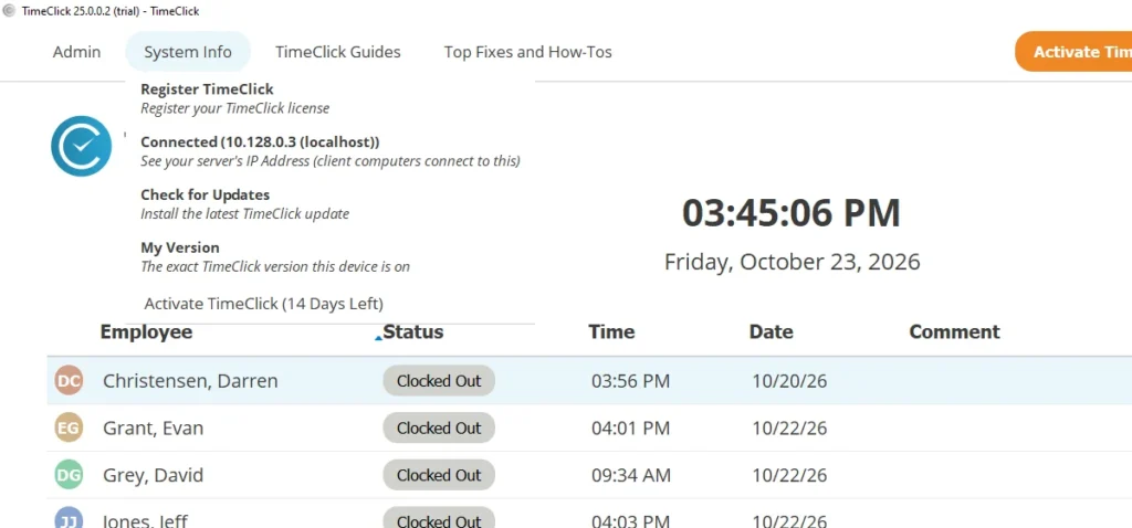 TimeClick 25 System Info menu with Register TimeClick, Connected server address, Check for Updates and My Version